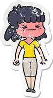 distressed sticker of a cartoon angry girl vector