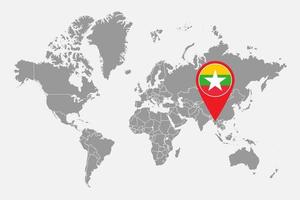 pin mapa con la bandera de myanmar en el mapa mundial. ilustración vectorial vector