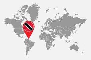 Pin map with Trinidad and Tobago flag on world map. Vector illustration.