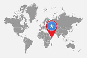 Pin map with Somalia flag on world map. Vector illustration.