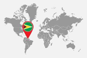 pin mapa con bandera de guyana en el mapa mundial. ilustración vectorial vector