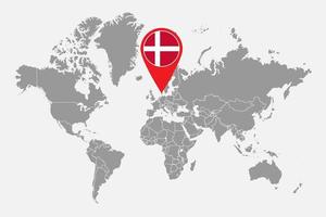 Pin map with Denmark flag on world map. Vector illustration.