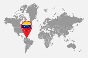 Pin map with Venezuela flag on world map. Vector illustration.