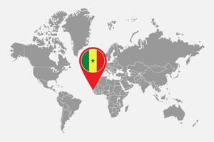 Pin map with Senegal flag on world map. Vector illustration.