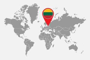 Pin map with Lithuania flag on world map. Vector illustration.