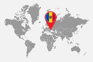 Pin map with Moldova flag on world map. Vector illustration.