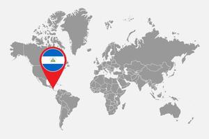 Pin map with Nicaragua flag on world map. Vector illustration.