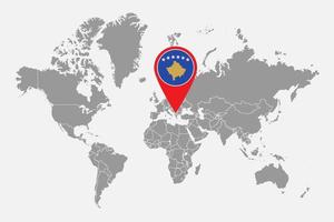 Pin map with Kosovo flag on world map. Vector illustration.