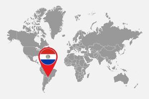 Pin map with Paraguay flag on world map. Vector illustration.