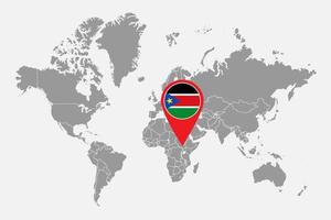 Pin map with South Sudan flag on world map. Vector illustration.