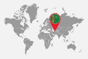 Pin map with Turkmenistan flag on world map. Vector illustration.