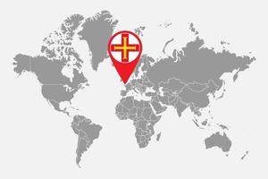 pin mapa con la bandera de guernsey en el mapa mundial. ilustración vectorial vector