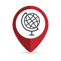 Map pointer with Globus icon. Vector illustration.