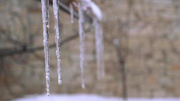 Close up of icicles on railing video