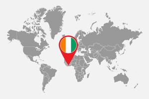 Pin map with Ivory Coast flag on world map. Vector illustration.