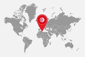 Pin map with Tunisia flag on world map. Vector illustration.