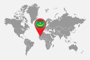 Pin map with Mauritania flag on world map. Vector illustration.