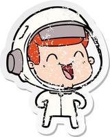 distressed sticker of a happy cartoon astronaut vector