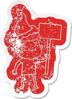 happy cartoon distressed sticker of a man with placard wearing santa hat vector