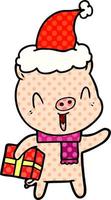 happy comic book style illustration of a pig with xmas present wearing santa hat vector