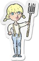 retro distressed sticker of a cartoon farmer girl vector