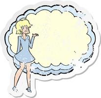 retro distressed sticker of a cartoon friendly woman with cloud text space vector