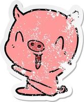 distressed sticker of a happy cartoon sitting pig vector