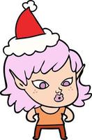 pretty line drawing of a elf girl wearing santa hat vector