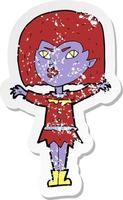 retro distressed sticker of a cartoon vampire girl vector