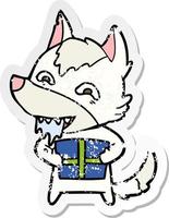 distressed sticker of a cartoon hungry wolf holding christmas present vector