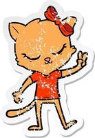 distressed sticker of a cute cartoon cat with bow vector