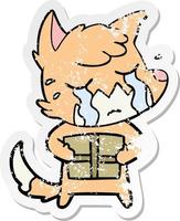 distressed sticker of a crying fox cartoon with parcel vector