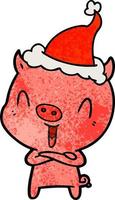 dibujos animados con textura feliz de un cerdo con sombrero de santa vector