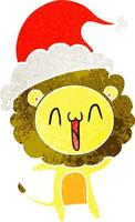 happy retro cartoon of a lion wearing santa hat vector