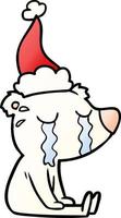 gradient cartoon of a crying sitting polar bear wearing santa hat vector