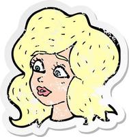 retro distressed sticker of a cartoon woman looking concerned vector