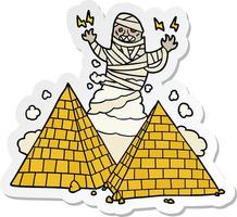 sticker of a cartoon mummy and pyramids vector