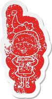 cartoon distressed sticker of a happy old lady wearing santa hat vector