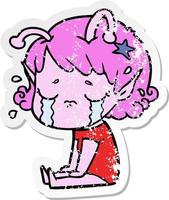 distressed sticker of a cartoon crying alien girl vector