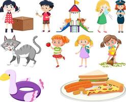 Set of different cute kids and objects vector