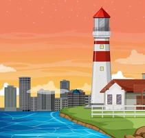 Sunset time with lighthouse on coast vector