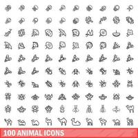 100 animal icons set, outline style vector