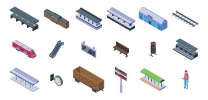 Railway platform icons set, isometric style vector