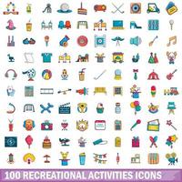 100 recreational activities icons set, cartoon style vector