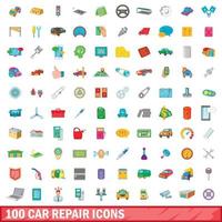 100 car repair icons set, cartoon style vector