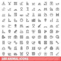 100 animal icons set, outline style vector