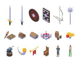 Medieval icons set isometric vector. History sword