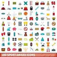 100 sport award icons set, flat style