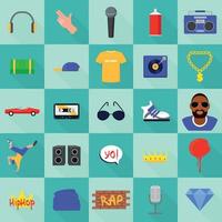 Hiphop icons set, flat style vector