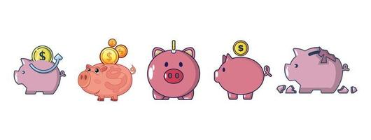 Piggy bank icon set, cartoon style vector